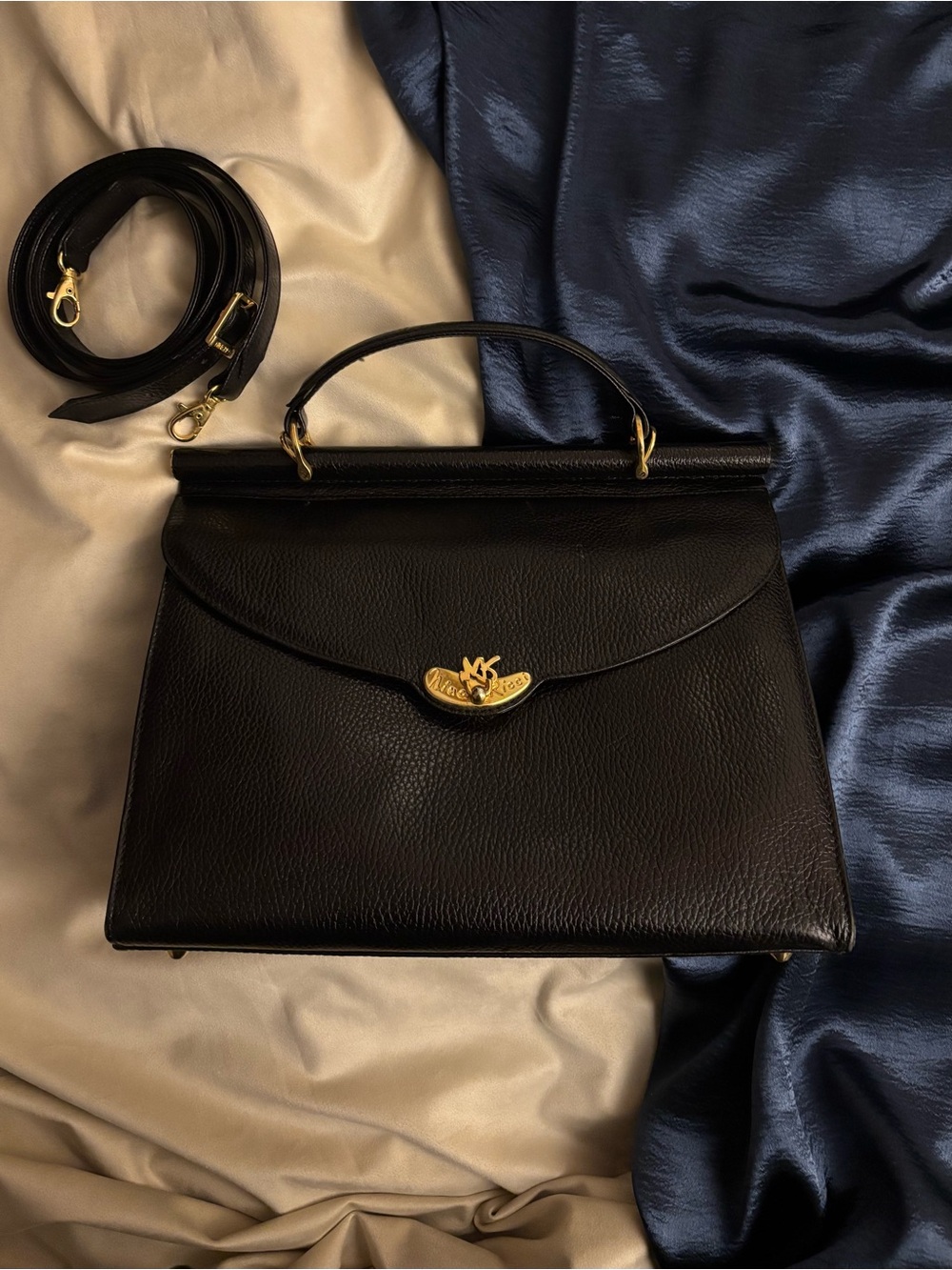Nina Ricci Black Leather Satchel with Gold Accent